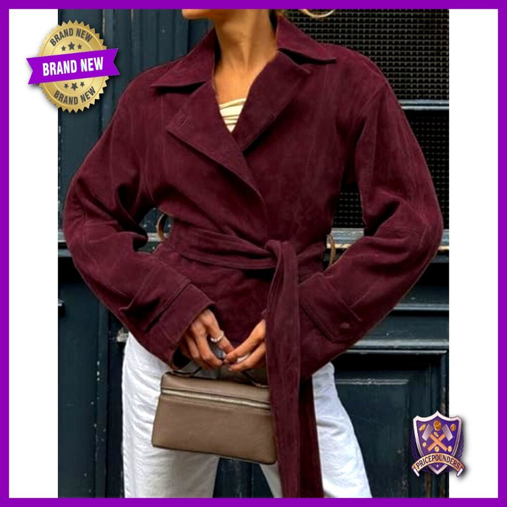 Faux Suede Cropped Wrap Coat Vintage Casual Belted Jacket Fall Fashion - Picture 2 of 2